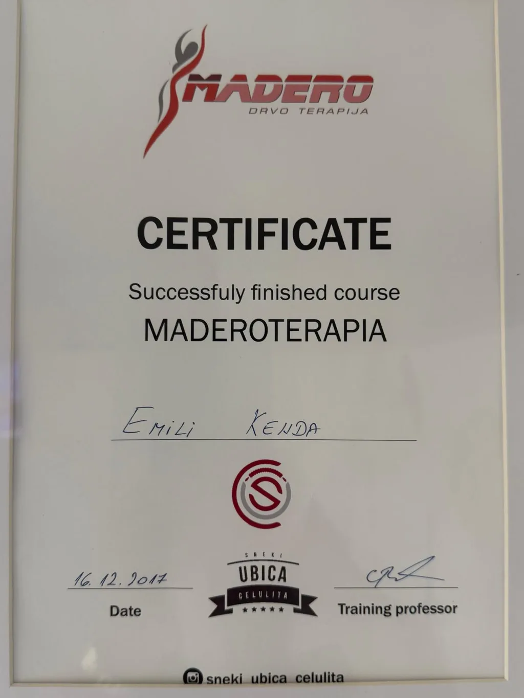 Certifikat: Maderoterapija (Anticelulitna Masaža)